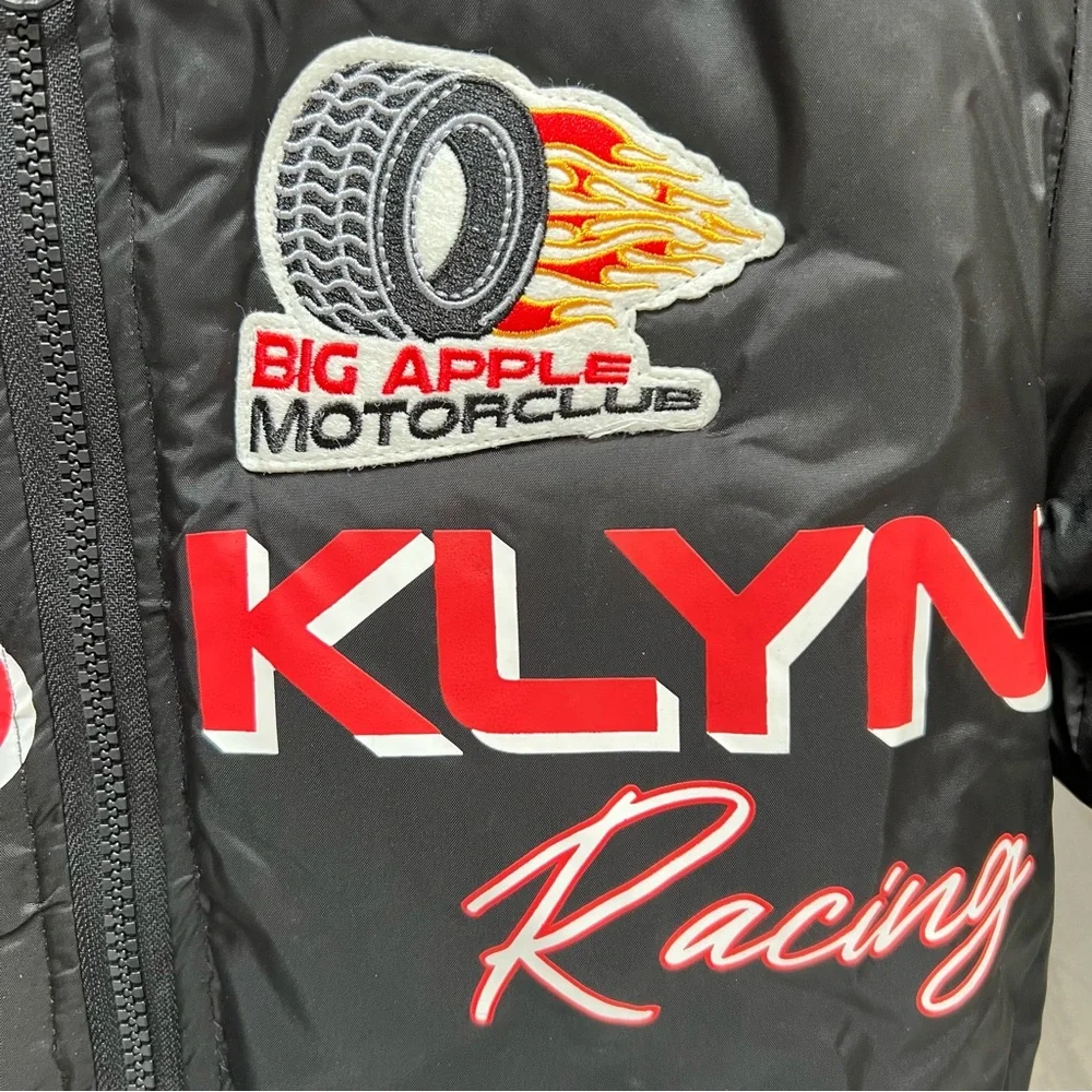 GIRLS Brooklyn Racing Moto Bomber Jacket Puffer‎ Black Red Patches Grunge Sporty